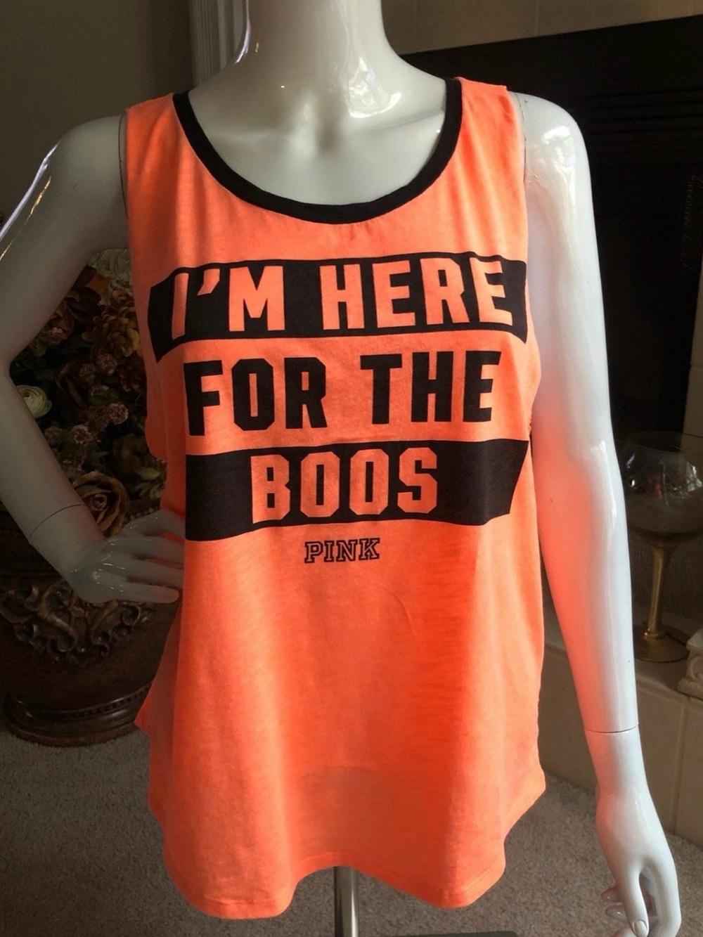PINK Victoria's Secret Neon Orange Tank Top with Black Trim & Graphic